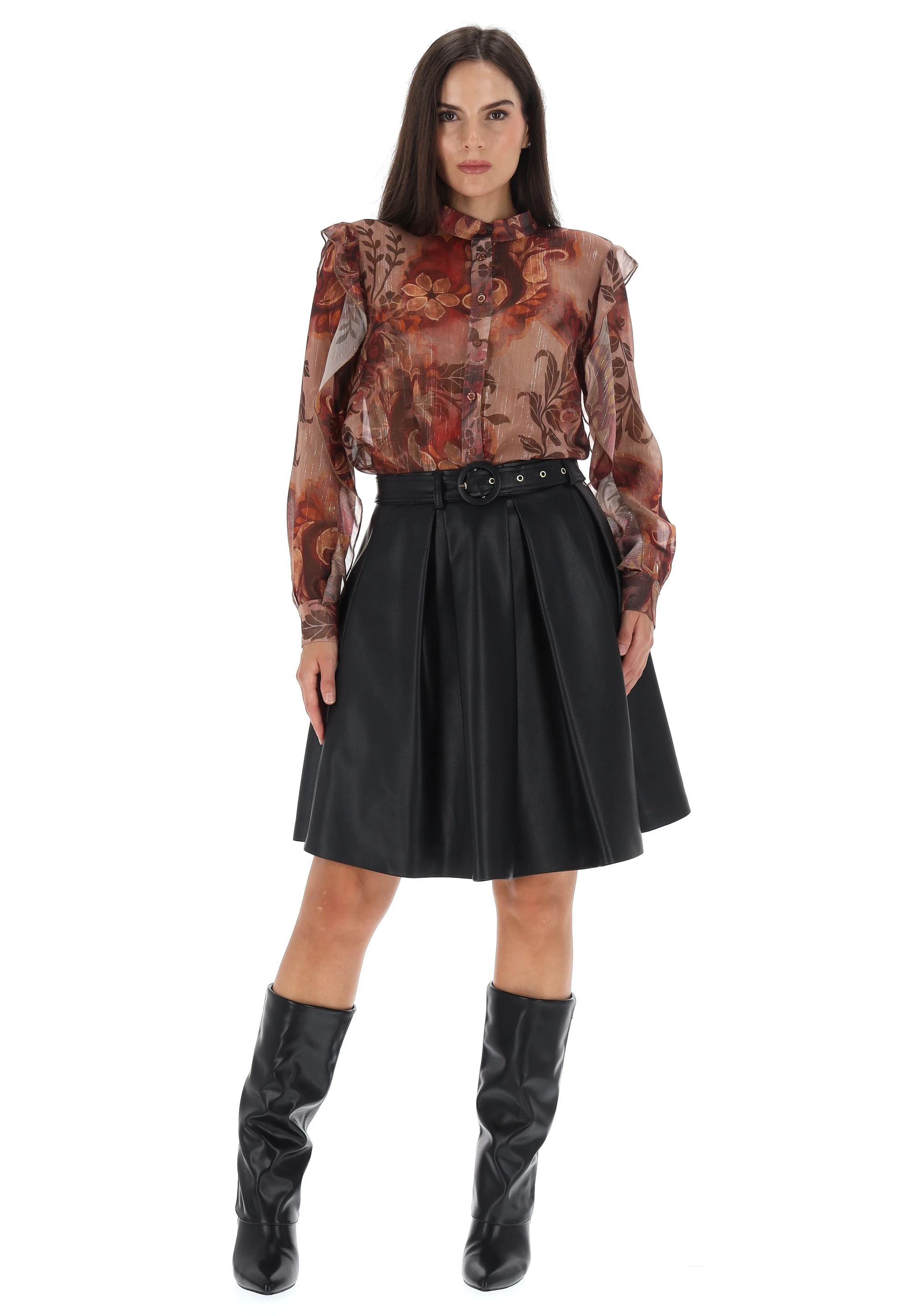 Gonna a pieghe in similpelle èks con cintura